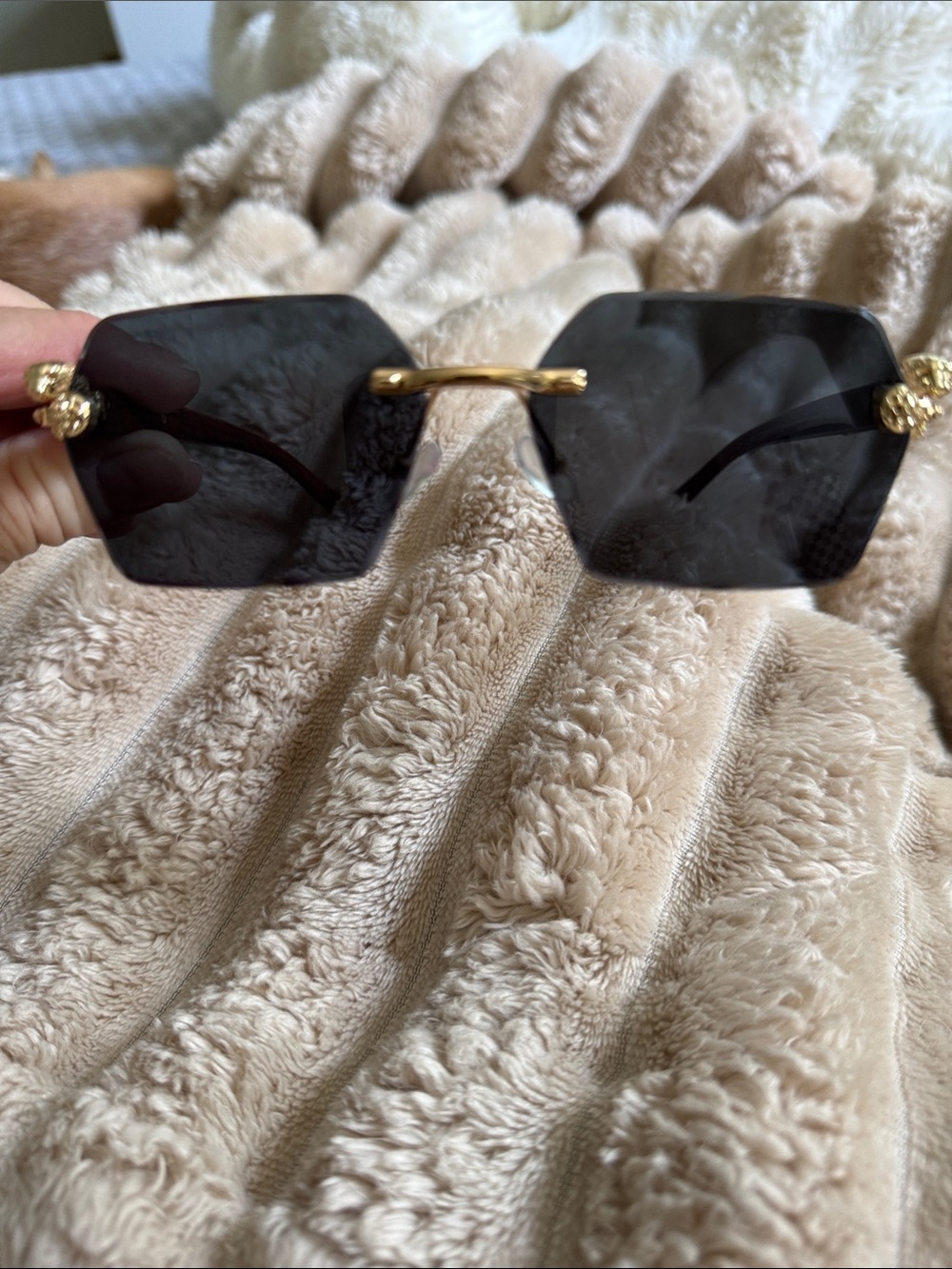 Rimless Black Sunglasses with Gold Accents - Women Accessories